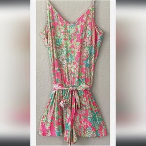 Lilly Pulitzer Pink and Green Floral Romper with Tie Waist